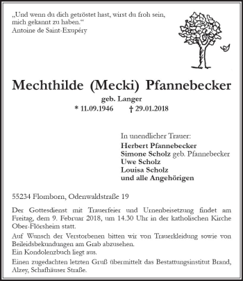 Traueranzeige von Mechthilde Pfannebecker von Trauerportal Rhein Main Presse