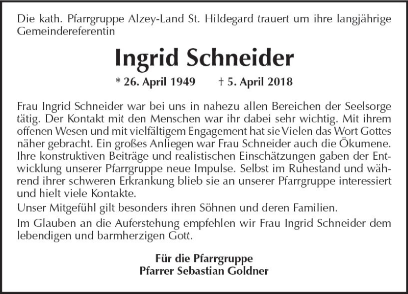 Traueranzeigen Von Ingrid Schneider Www Vrm Trauer De