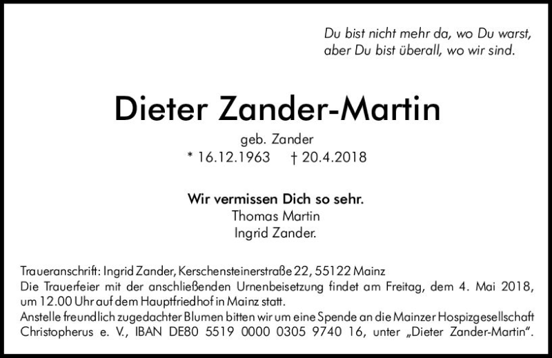  Traueranzeige für Dieter Zander-Martin vom 02.05.2018 aus Trauerportal Rhein Main Presse