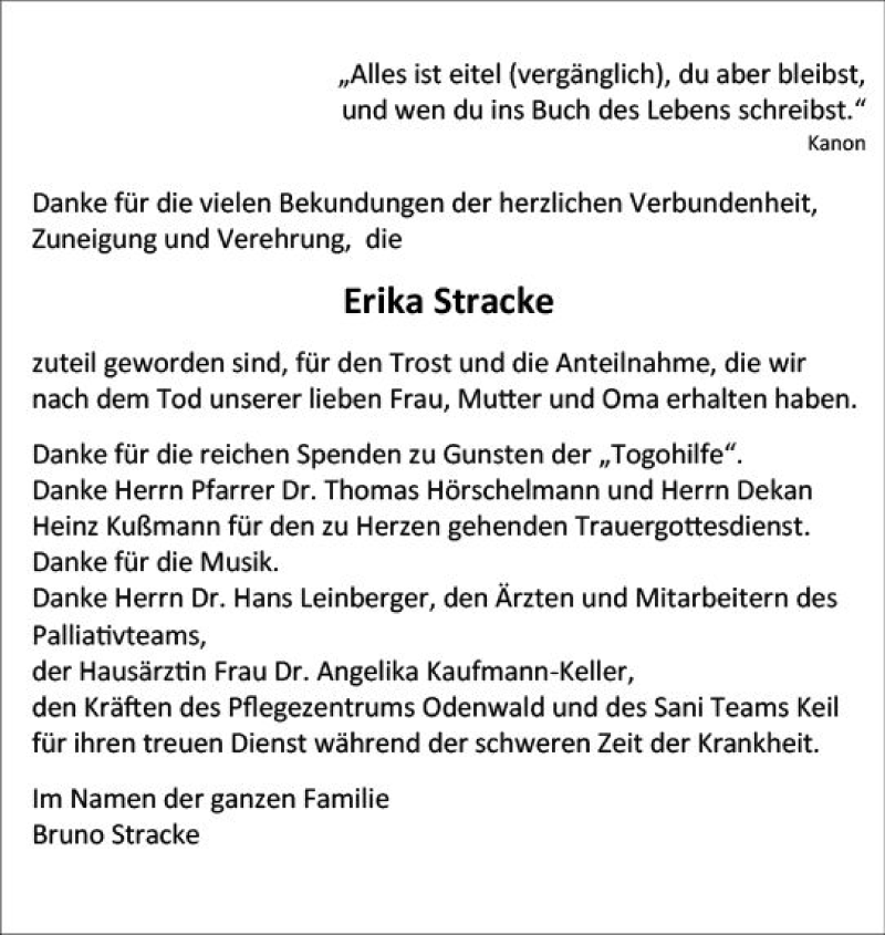 Traueranzeigen Von Erika Stracke Www Vrm Trauer De