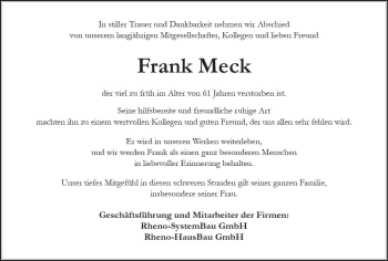 Traueranzeige von Frank Meck von Trauerportal Rhein Main Presse