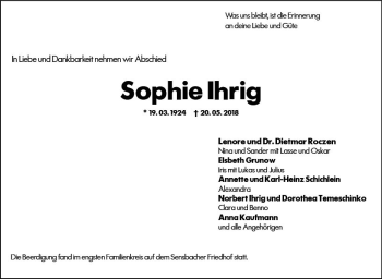 Traueranzeige von Sophie Ihrig von Trauerportal Rhein Main Presse