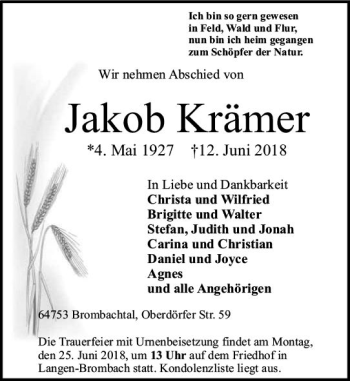 Traueranzeige von Jakob Krämer von Trauerportal Rhein Main Presse