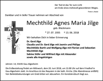 Traueranzeigen Von Mechthild Agnes Maria Jilge | Www.vrm-trauer.de