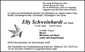 Traueranzeige von Elly Schweinhardt von vrm-trauer