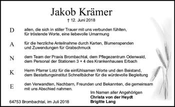 Traueranzeige von Jakob Krämer von vrm-trauer