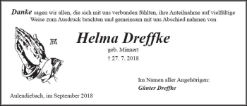 Traueranzeige von Helma Dreffke von  Kreisanzeiger