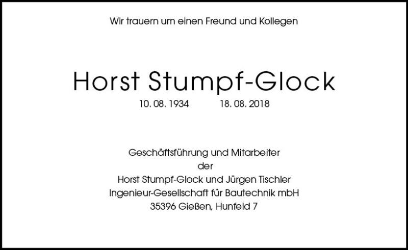  Traueranzeige für Horst Stumpf-Glock vom 25.08.2018 aus  Gießener Anzeiger