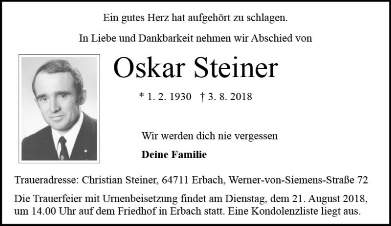 Traueranzeigen von Oskar Steiner | www.vrm-trauer.de