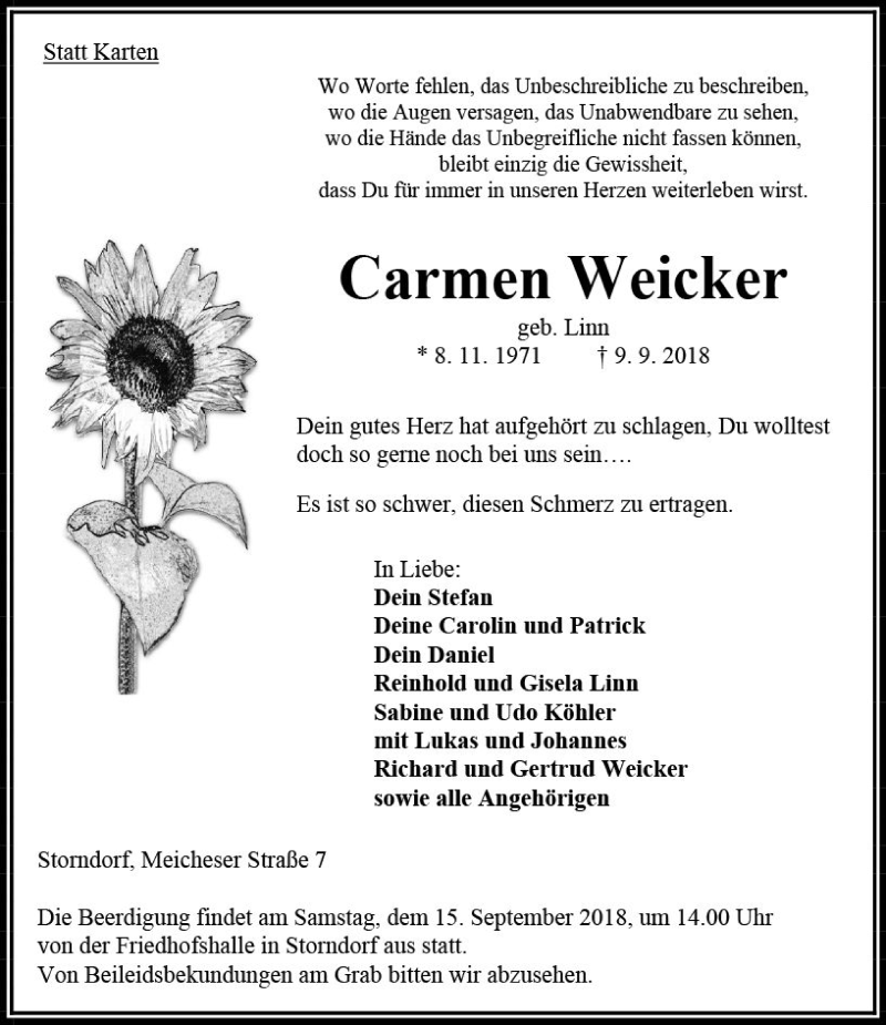  Traueranzeige für Carmen Weicker vom 12.09.2018 aus VRM Trauer