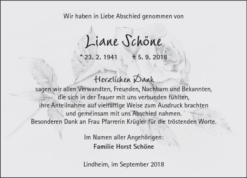 Traueranzeigen Von Liane Schone Www Vrm Trauer De