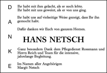 Traueranzeige von Hans Netsch von vrm-trauer