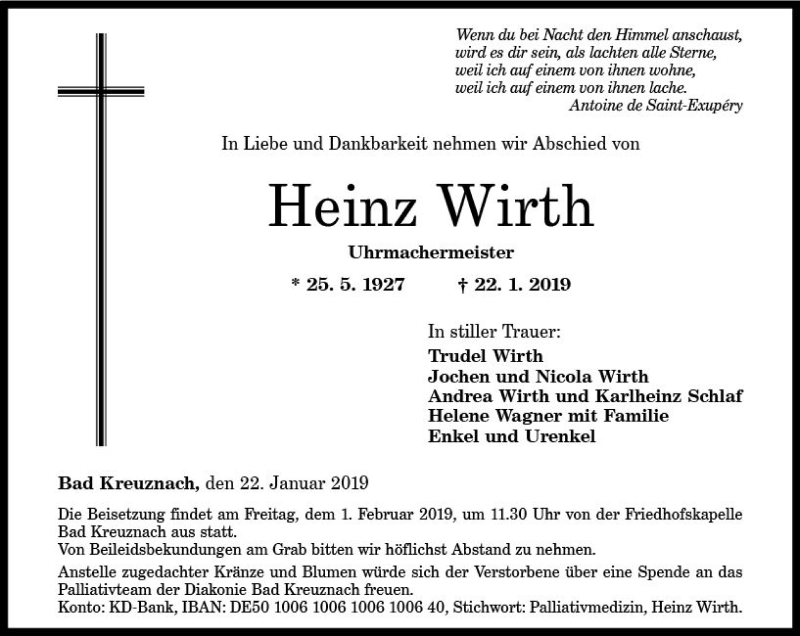 Traueranzeigen Von Heinz Wirth Vrm Trauerde 