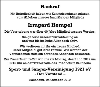 Traueranzeige von Irmgard Hempel von vrm-trauer