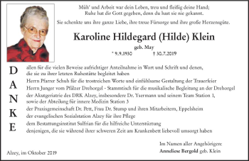 Traueranzeige von Karoline Hildegard Hilde Klein von vrm-trauer