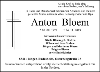 Traueranzeige von Anton Bloem von vrm-trauer