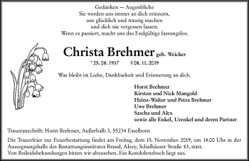 Traueranzeige von Christa Brehmer von vrm-trauer