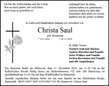 Traueranzeige von Christa Saul von vrm-trauer