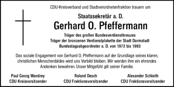 Traueranzeige von Gerhard O. Pfeffermann von vrm-trauer