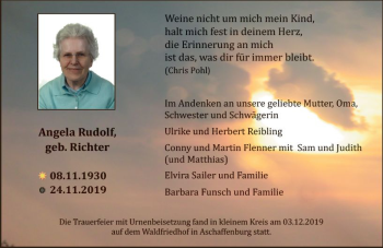 Traueranzeige von Angela Rudolf von vrm-trauer