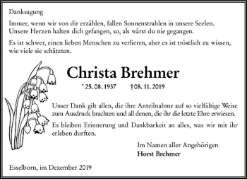 Traueranzeige von Christa Brehmer von vrm-trauer