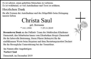 Traueranzeige von Christa Saul von vrm-trauer