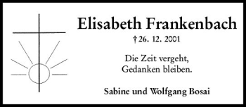 Traueranzeige von Elisabeth Frankenbach von vrm-trauer