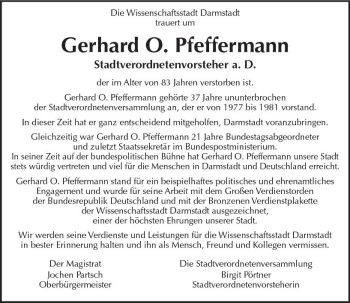 Traueranzeige von Gerhard O.  Pfeffermann von vrm-trauer