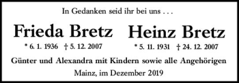 Traueranzeige von Heinz Bretz von vrm-trauer