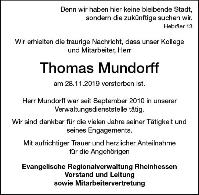  Traueranzeige für Thomas Mundorff vom 14.12.2019 aus vrm-trauer