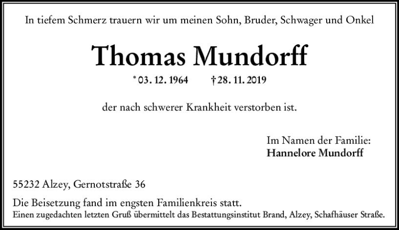  Traueranzeige für Thomas Mundorff vom 14.12.2019 aus vrm-trauer