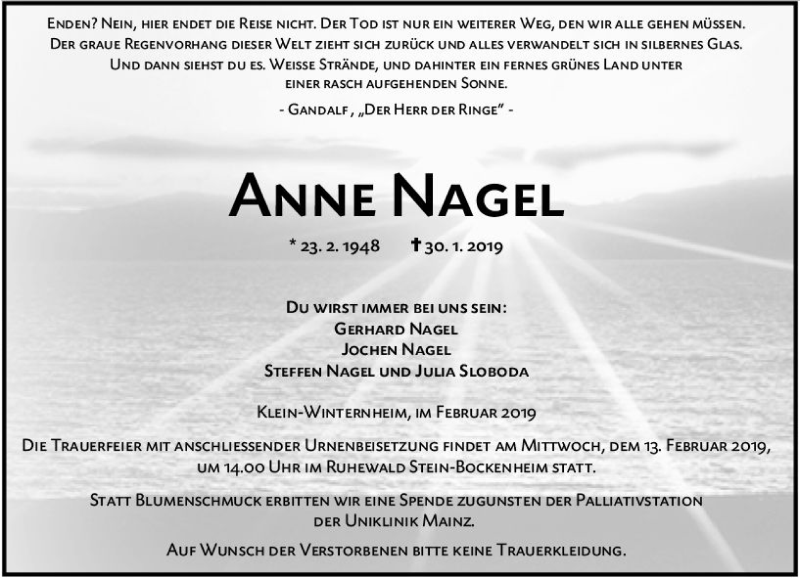  Traueranzeige für Anne Nagel vom 07.02.2019 aus vrm-trauer