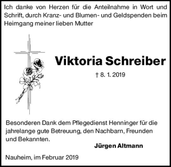 Traueranzeige von Viktoria Schreiber von vrm-trauer