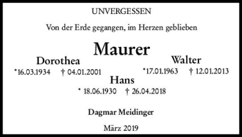 Traueranzeige von Dorothea Maurer von vrm-trauer