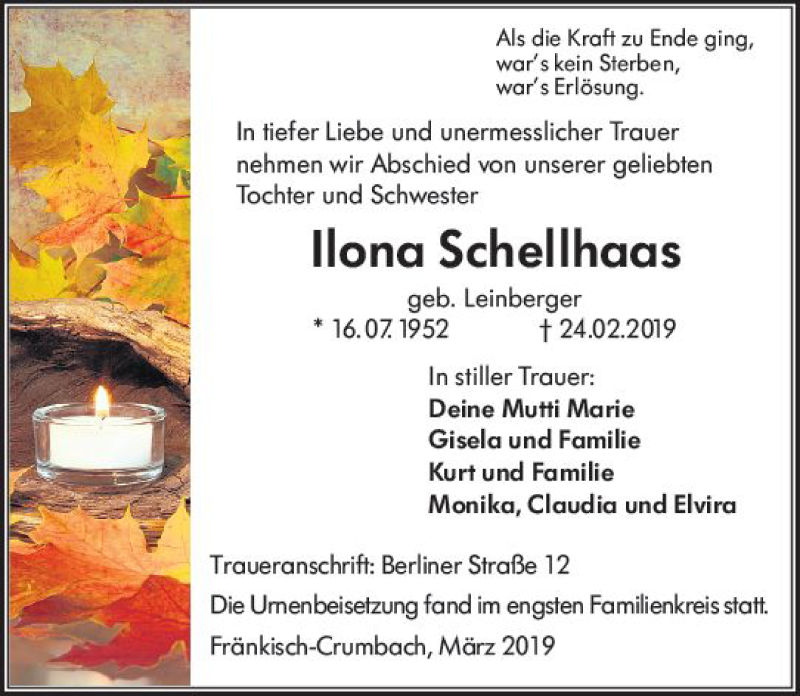  Traueranzeige für Ilona Schellhaas vom 09.03.2019 aus vrm-trauer