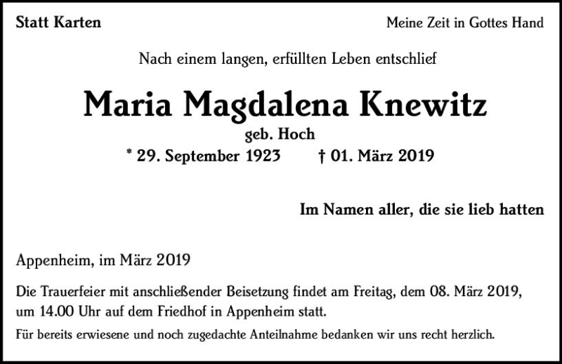 Traueranzeigen Von Maria Magdalena Knewitz | Www.vrm-trauer.de