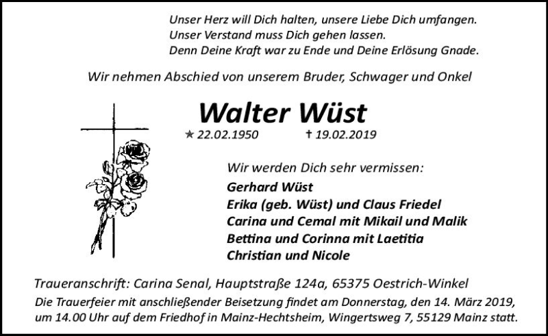  Traueranzeige für Walter Wüst vom 09.03.2019 aus vrm-trauer