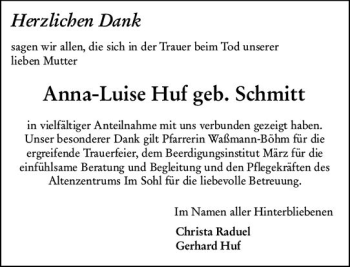 Traueranzeige von Anna-Luise Huf von vrm-trauer