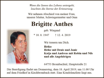 Traueranzeige von Brigitte Anthes von vrm-trauer