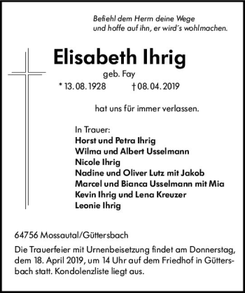 Traueranzeige von Elisabeth Ihrig von vrm-trauer