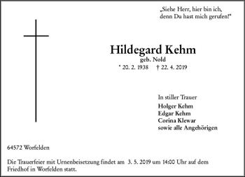 Traueranzeige von Hildegard Kehm von vrm-trauer