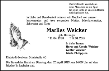 Traueranzeige von Marlies Weicker von vrm-trauer