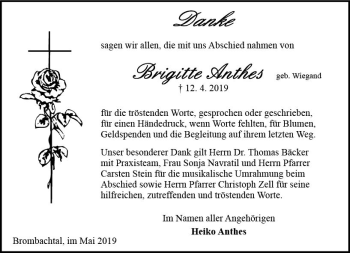 Traueranzeige von Brigitte Anthes von vrm-trauer