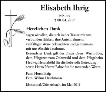 Traueranzeige von Elisabeth Ihrig von vrm-trauer