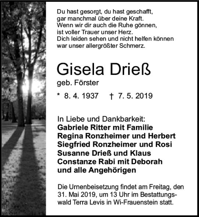 Traueranzeigen Von Gisela Driess Www Vrm Trauer De