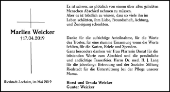 Traueranzeige von Marlies Weicker von vrm-trauer