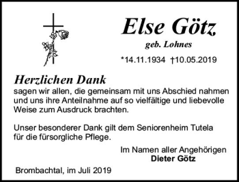 Traueranzeige von Else Götz von vrm-trauer