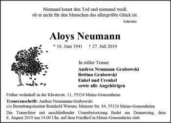 Traueranzeige von Aloys Neumann von vrm-trauer