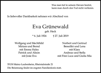 Traueranzeige von Eva Grünewald von vrm-trauer