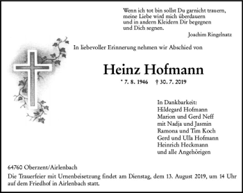 Traueranzeige von Heinz Hofmann von vrm-trauer